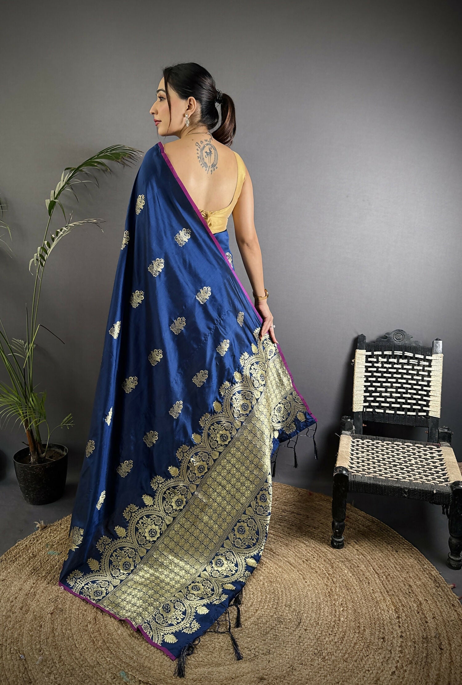 Joban Fashion Navy Blue Banarasi Lichi Silk Gold Zari Meena Saree - Distacart