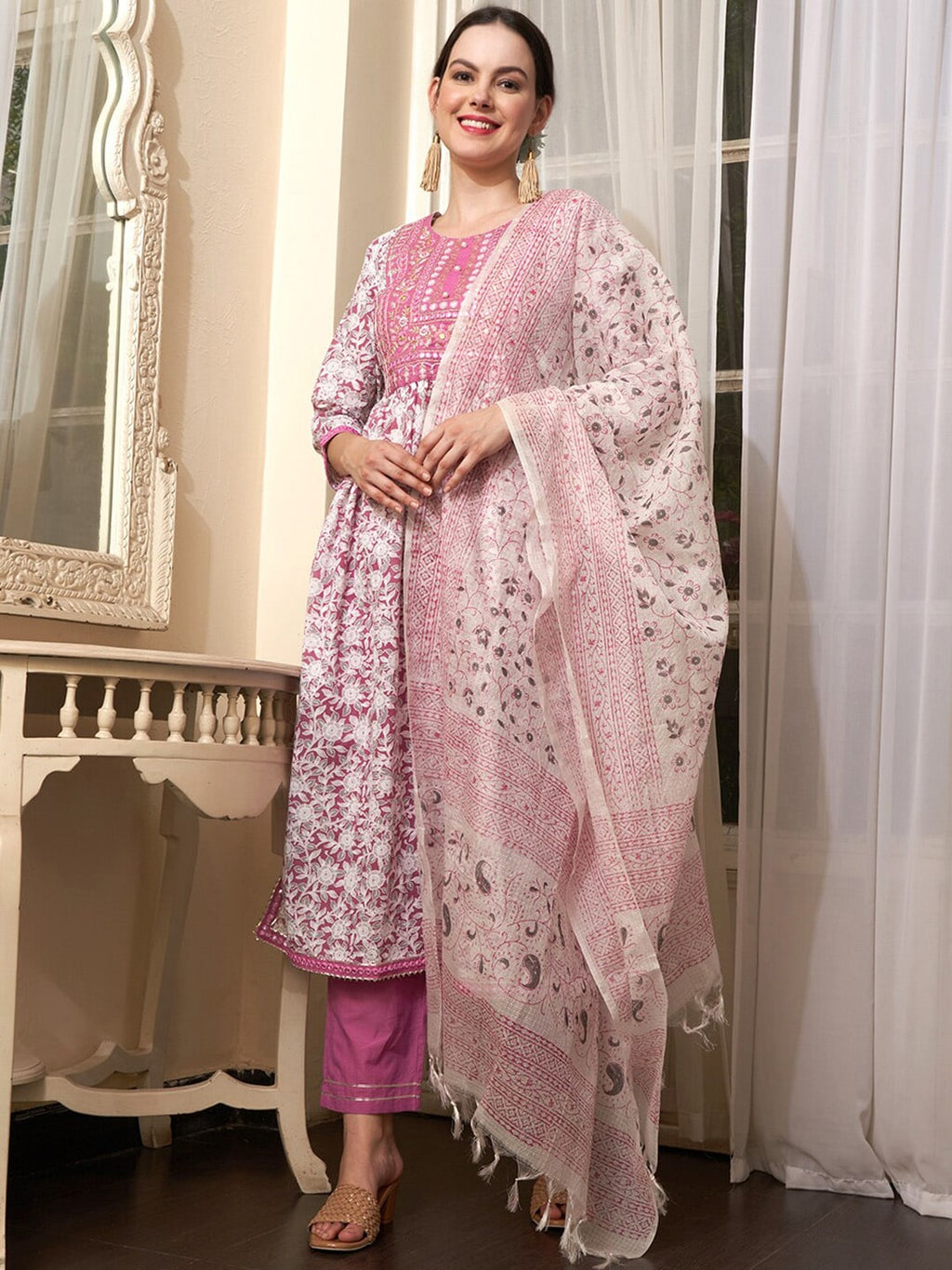 Sangria Mauve Embroidered Straight Pure Cotton Kurta With Trouser & Dupatta