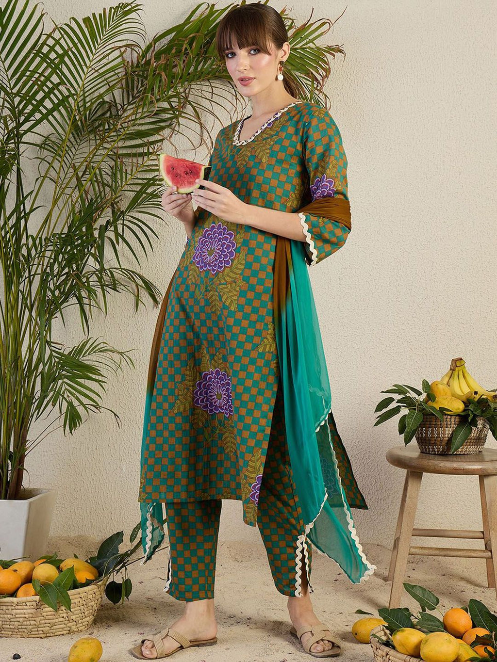 Indo Era Women Floral Printed Regular Beads and Stones Kurta with Trousers & With Dupatta - Distacart