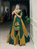 Vastranavya Navaratri Special Pure Cotton Printed With Cowrie (Kodi) Lace Touch Up Lehenga with Stitched Blouse - Green
