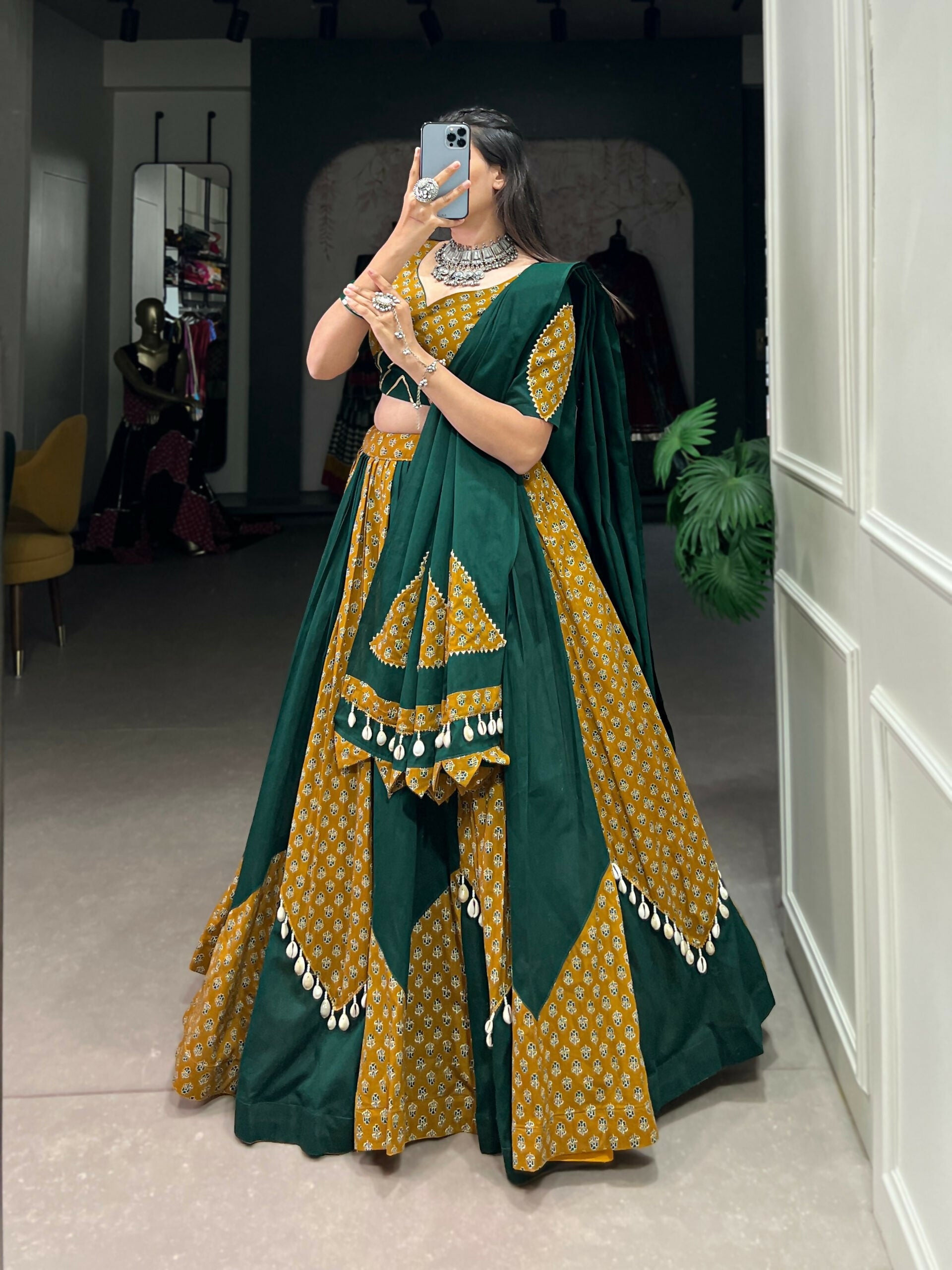 Vastranavya Navaratri Special Pure Cotton Printed With Cowrie (Kodi) Lace Touch Up Lehenga with Stitched Blouse - Green