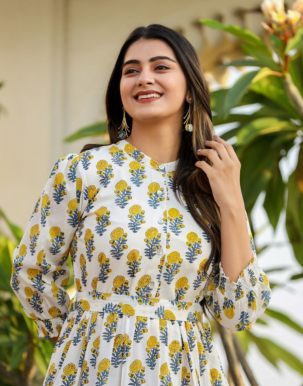Kaajh Women's White-Yellow Ethnic Floral Hand Block Print Cotton Dress - Distacart