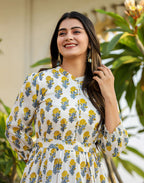 Kaajh Women's White-Yellow Ethnic Floral Hand Block Print Cotton Dress - Distacart