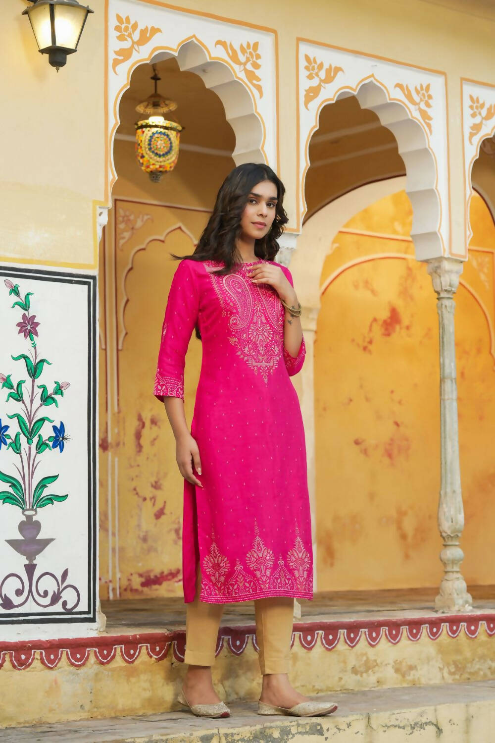 Juniper Women's Fuchsia Shanton Printed Straight Kurta - Distacart