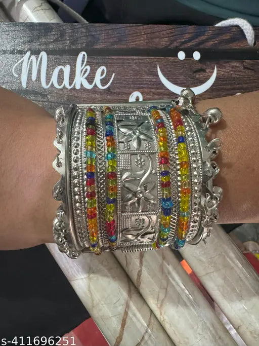 Tehzeeb Creations Women's Silver Colour Oxidised Bangle With Multi Colour Pearl - Distacart
