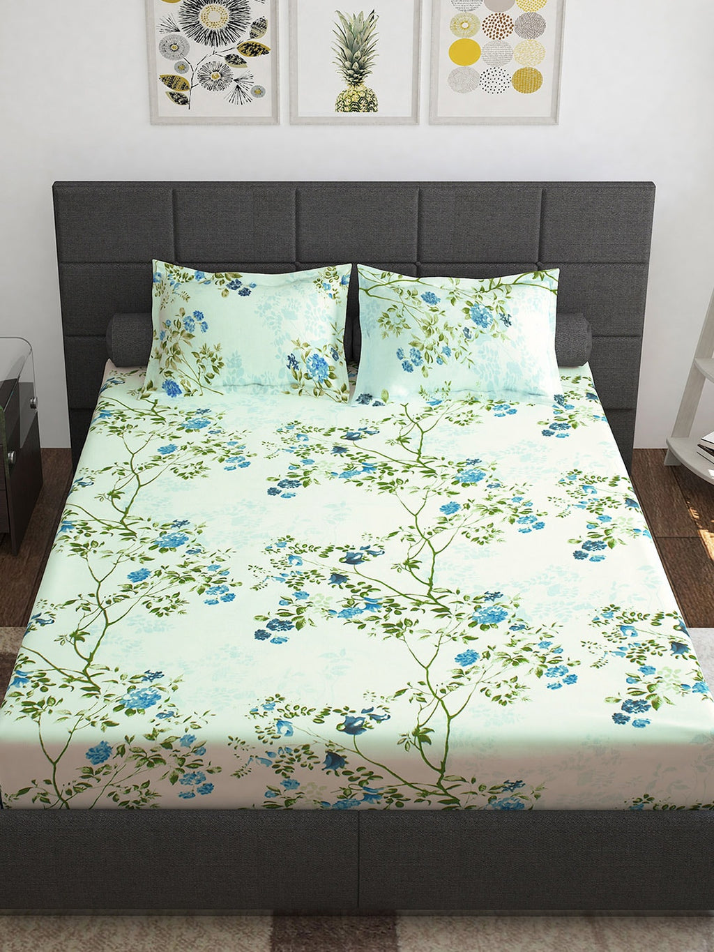 Story@home Ventura Blue & Green Floral Printed 152 TC Queen Bedsheet With 2 Pillow Covers