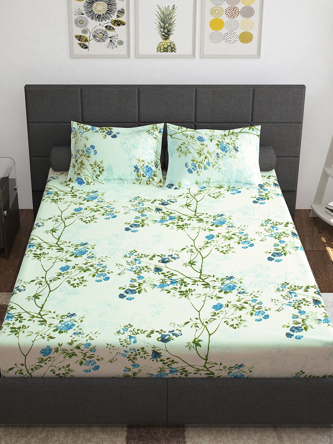 Story@home Ventura Blue & Green Floral Printed 152 TC Queen Bedsheet With 2 Pillow Covers