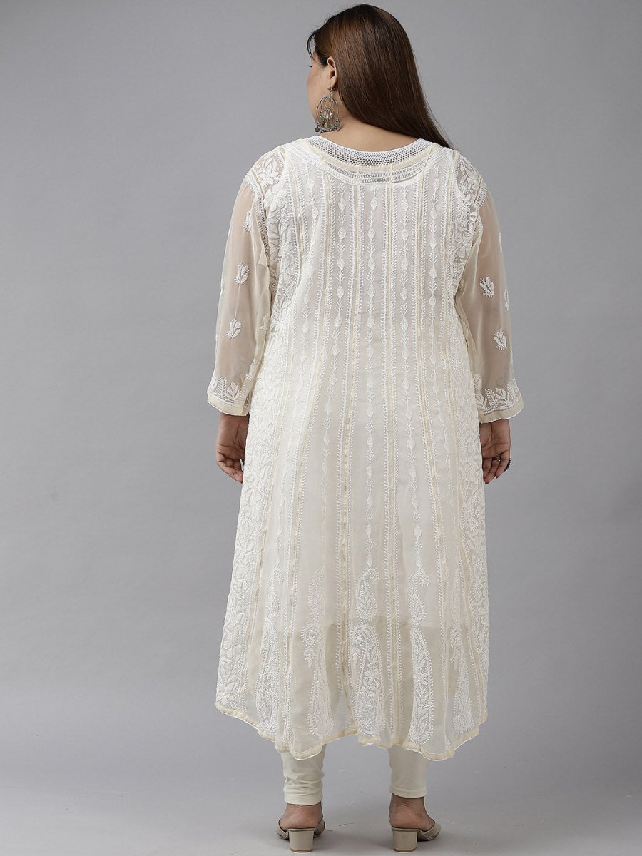 ADA Women Beige Ethnic Motifs Plus Size Chikankari Georgette Anarkali Kurta