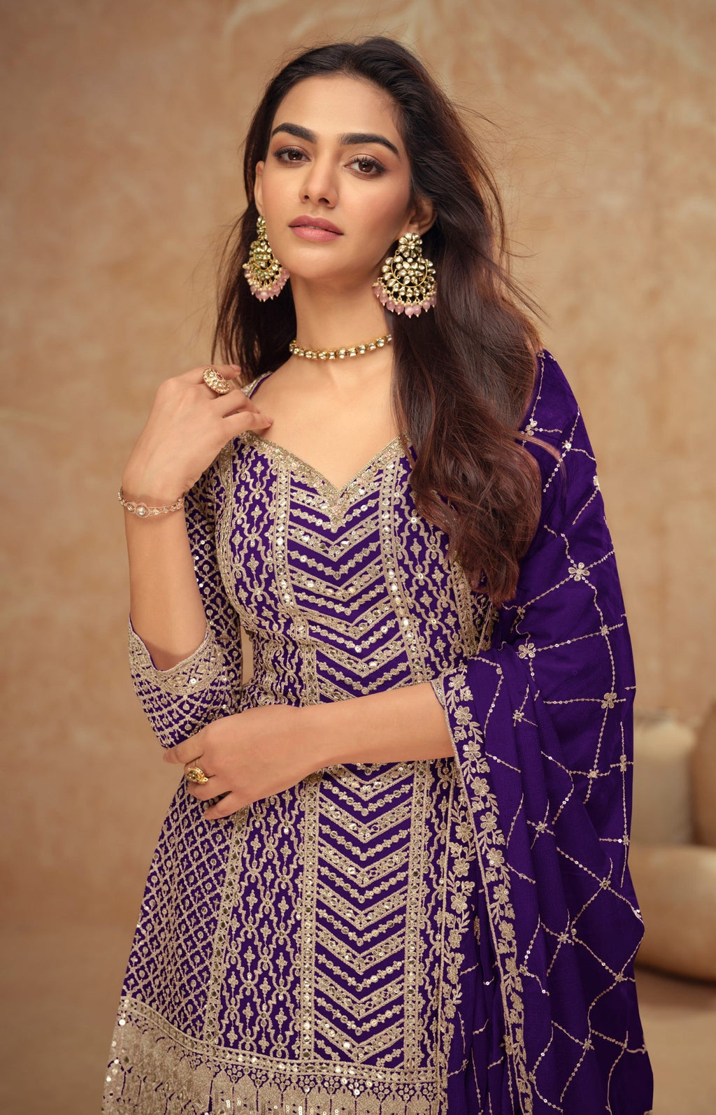 Anaita Violet Chinon Sequence Embroidered Readymade Salwar Suit - Distacart