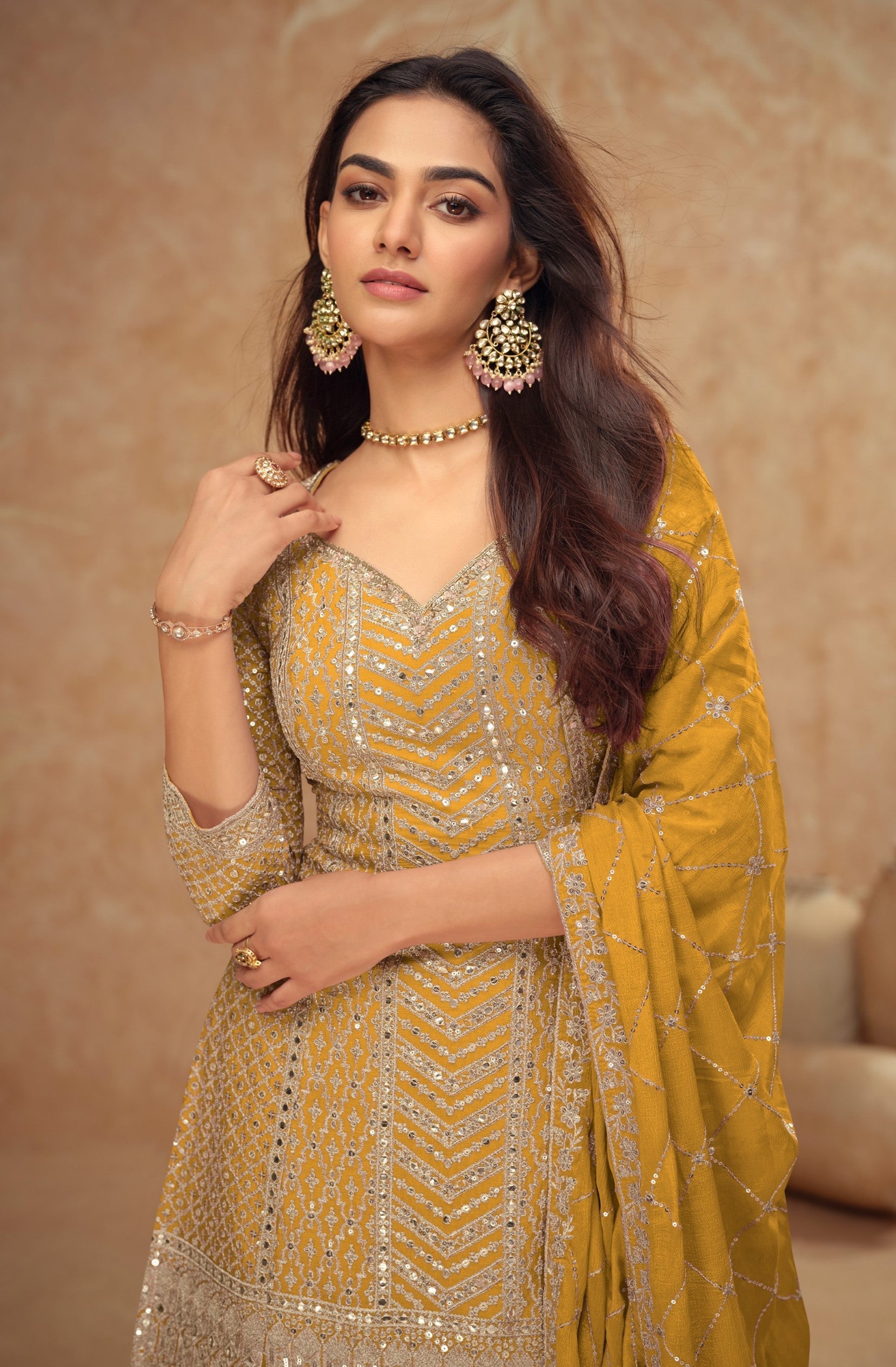 Anaita Yellow Chinon Sequence Embroidered Readymade Salwar Suit - Distacart