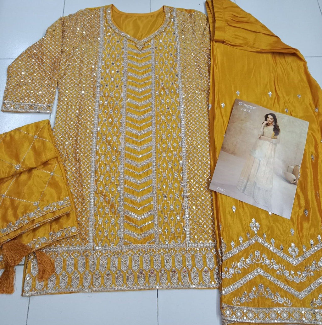 Anaita Yellow Chinon Sequence Embroidered Readymade Salwar Suit - Distacart