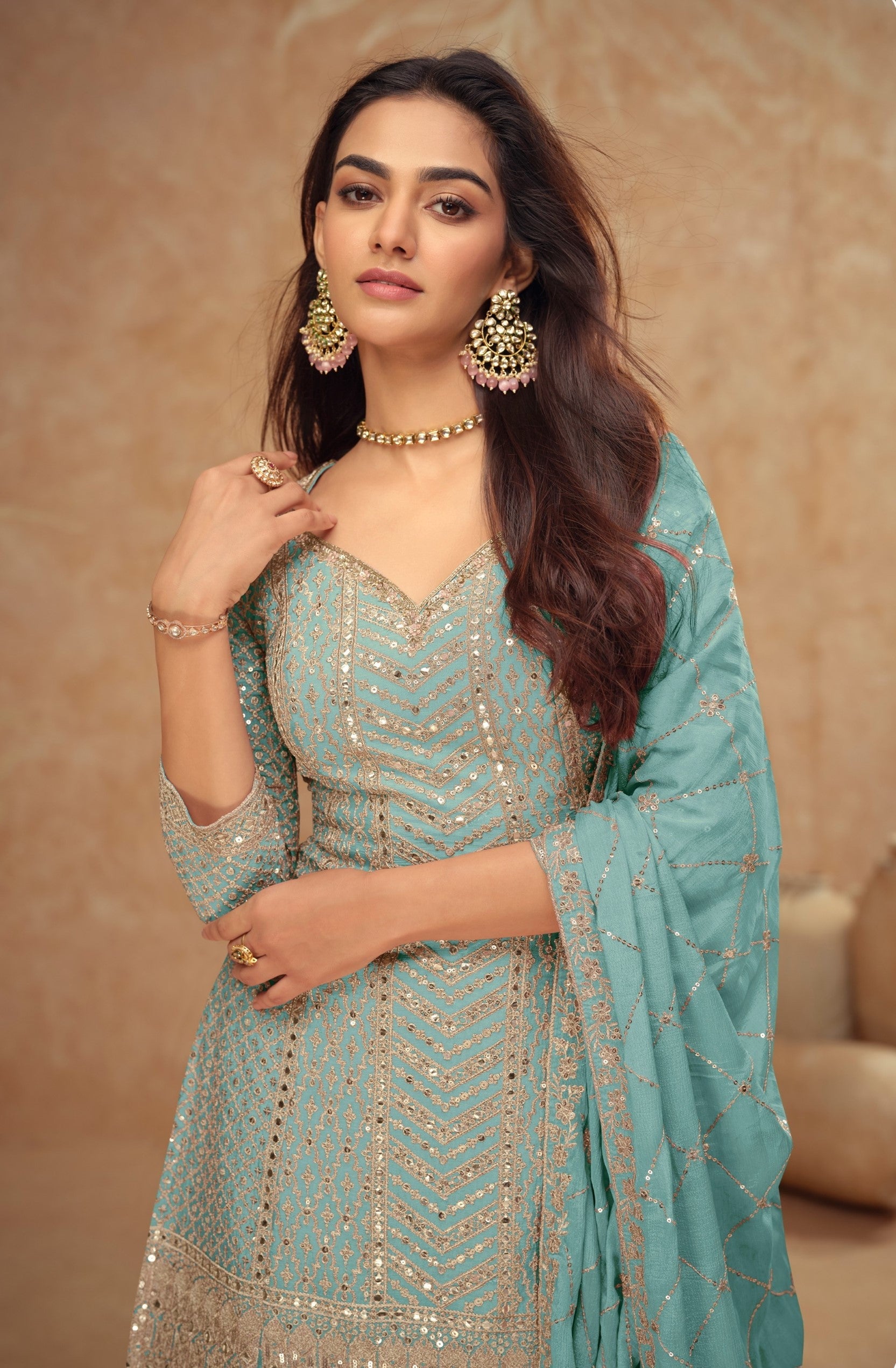 Anaita Sky Blue Chinon Sequence Embroidered Readymade Salwar Suit - Distacart