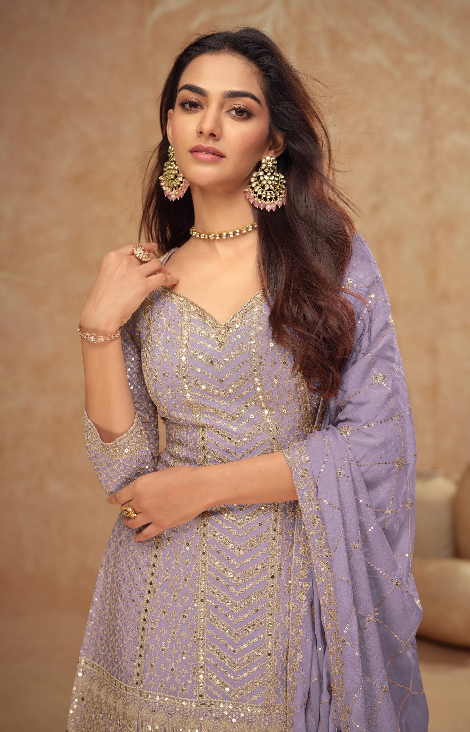 Anaita Light Lavender Chinon Sequence Embroidered Readymade Salwar Suit - Distacart