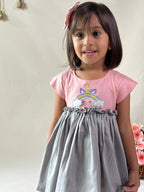 ArthLife Peach And Grey Unicorn Embroidered Dress
