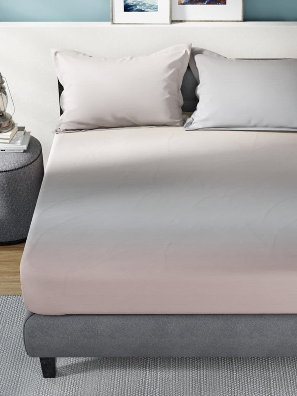 Nautica Grey & Pink 160 TC King Bedsheet With 2 Pillow Covers