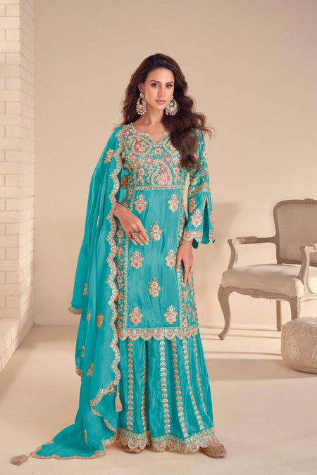 Anaita Turquoise Shimmer Stitched Suit With Hand & Embroidery Work