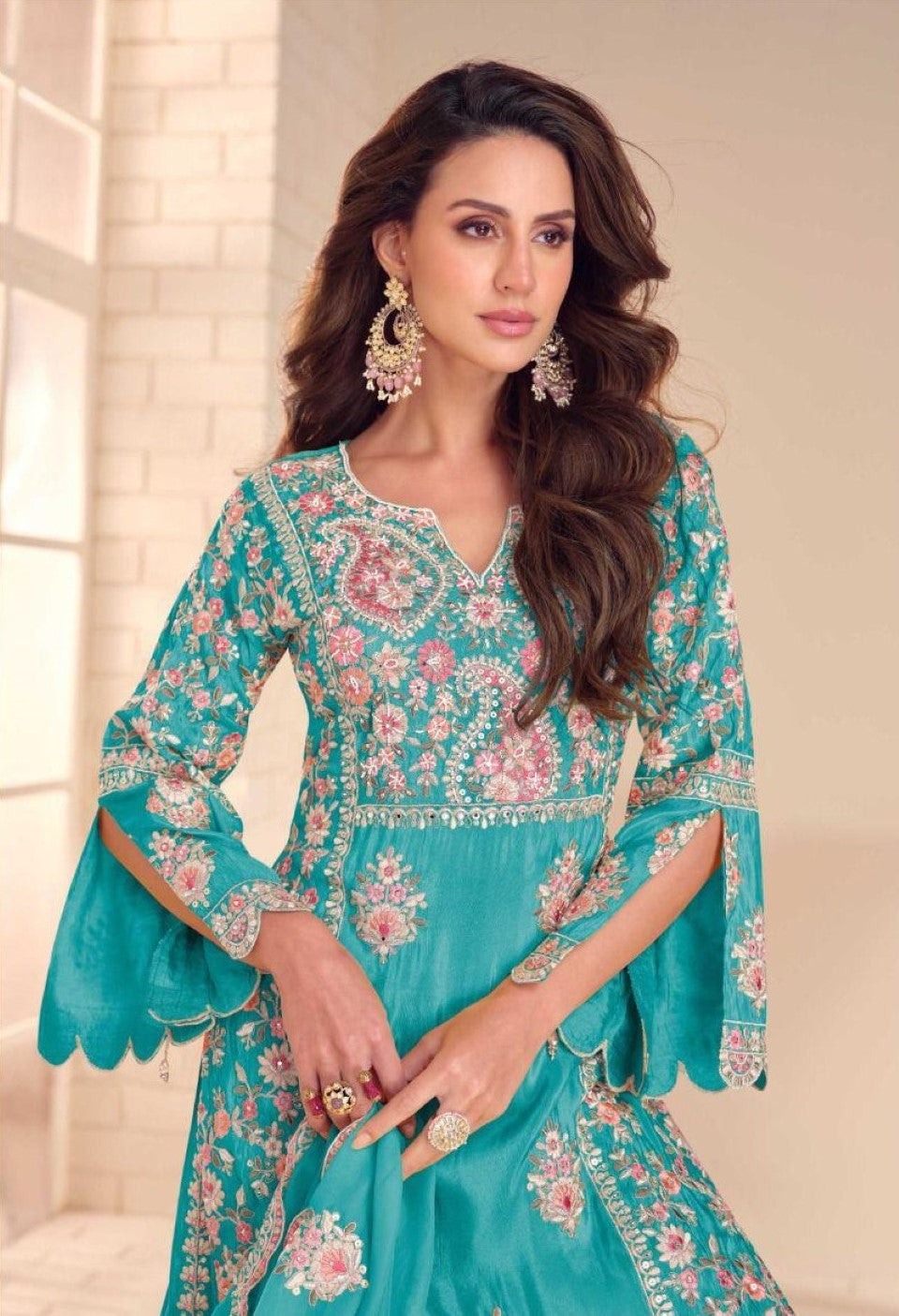 Anaita Turquoise Shimmer Stitched Suit With Hand & Embroidery Work - Distacart