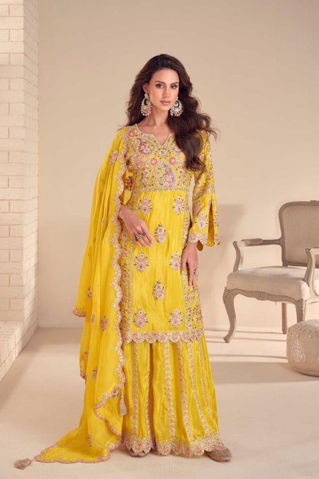 Anaita Yellow Shimmer Stitched Suit With Hand & Embroidery Work
