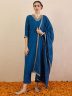 Indo Era Ethnic Motifs Embroidered Regular V-Neck Straight Kurta With Trousers & Dupatta - Distacart