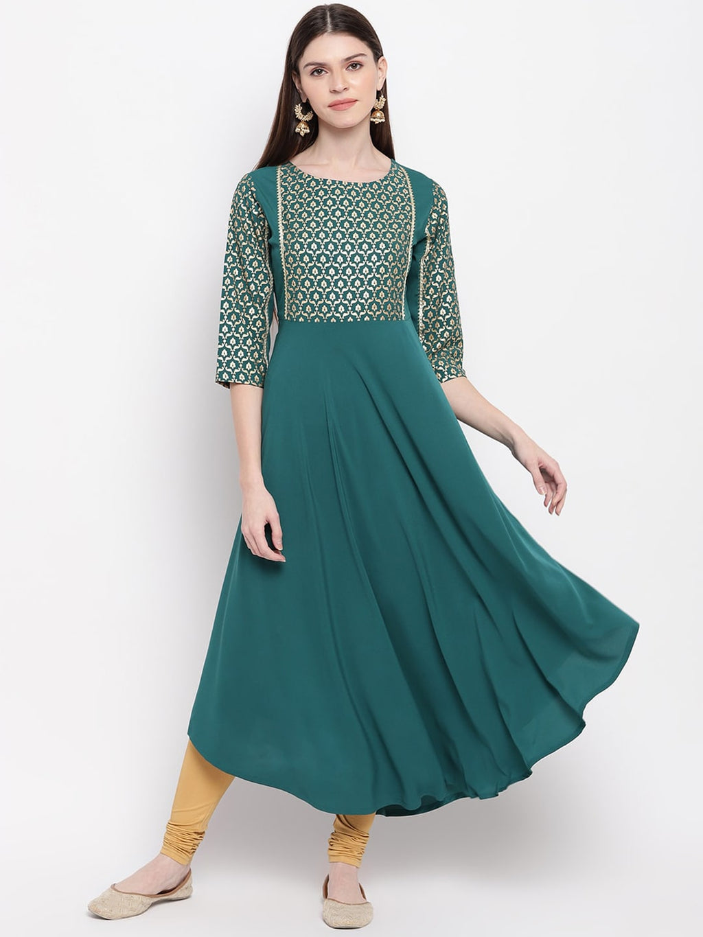 Janasya Teal Ethnic Motifs Yoke Design Crepe Anarkali Kurta - Distacart