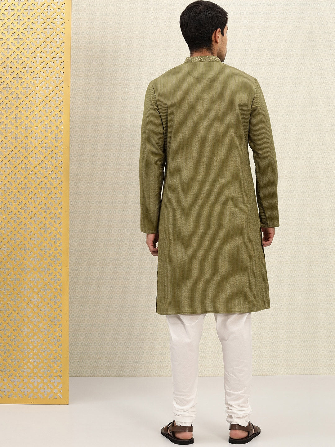 House of Pataudi Men Olive Green Striped Straight Kurta with Embroidered Detail