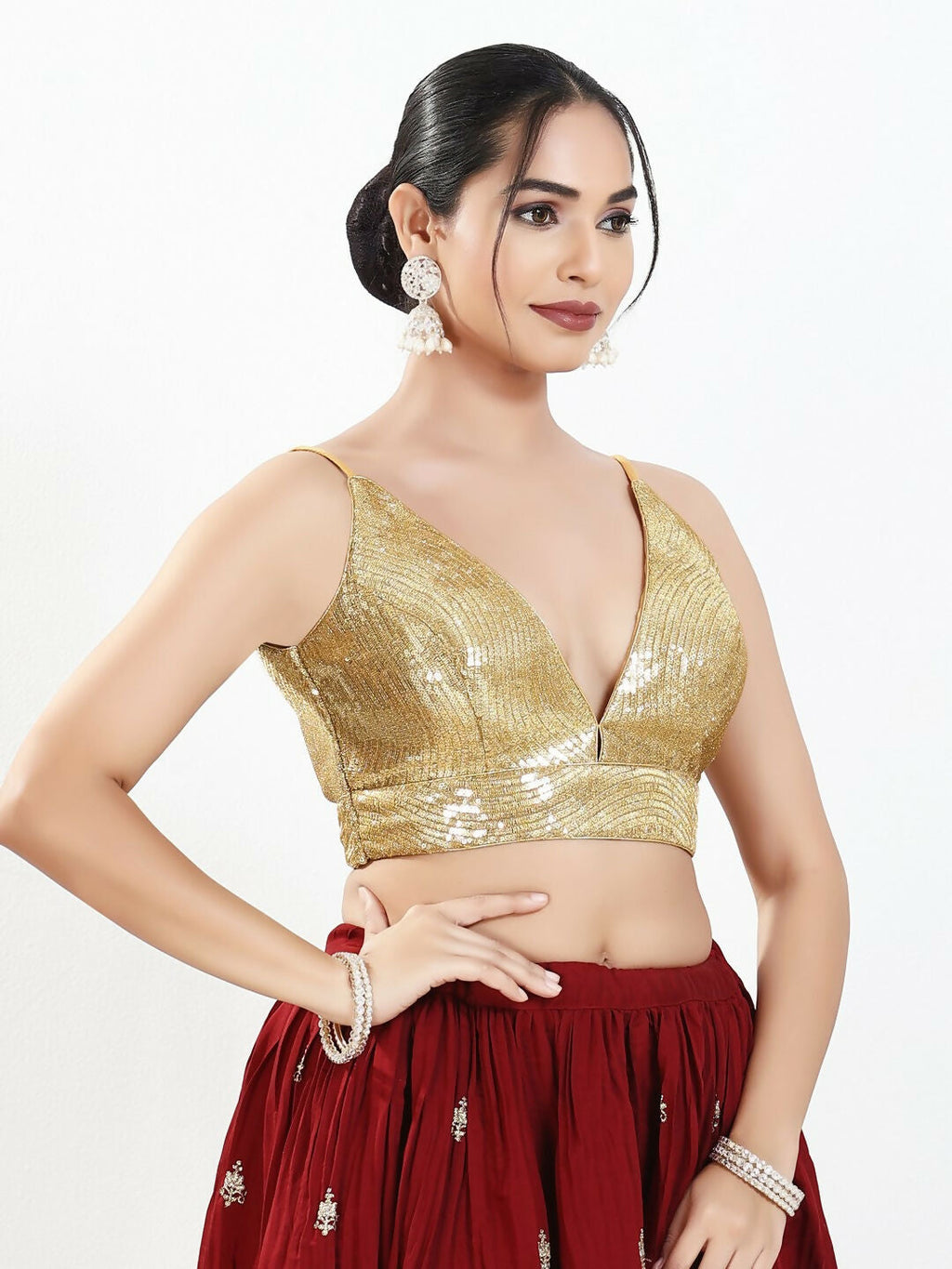 Joban Fashion Gold Sequins Padded Blouse With V Neck Sleeveless - Distacart