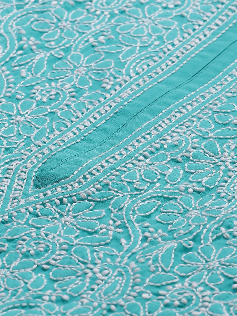 ADA Women Sea Green & White Floral Chikankari Embroidered Straight Sustainable Handloom Kurta