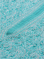 ADA Women Sea Green & White Floral Chikankari Embroidered Straight Sustainable Handloom Kurta