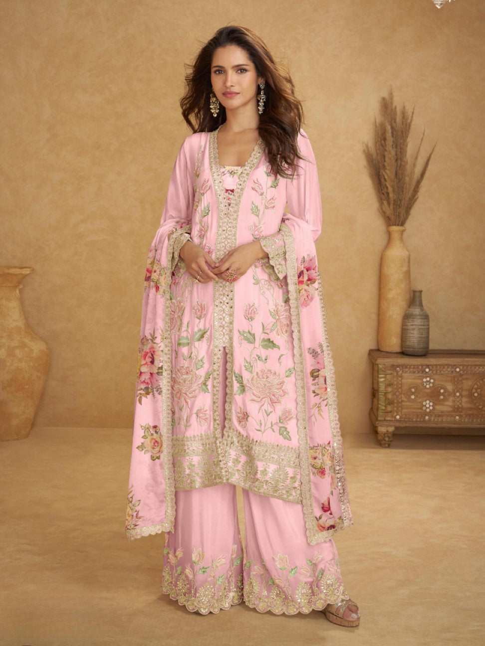 Anaita Pink Chinon Stitched Suit With Embroidered Sequins & Mirror Work - Distacart