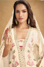 Anaita Cream Chinon Stitched Suit With Embroidered Sequins & Mirror Work - Distacart