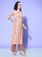 All About You Women Pink Floral Printed Regular Gotta Patti Liva Kurta with Palazzos