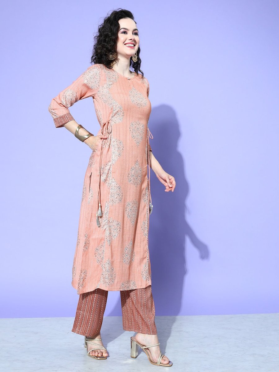 All About You Women Pink Floral Printed Regular Gotta Patti Liva Kurta with Palazzos