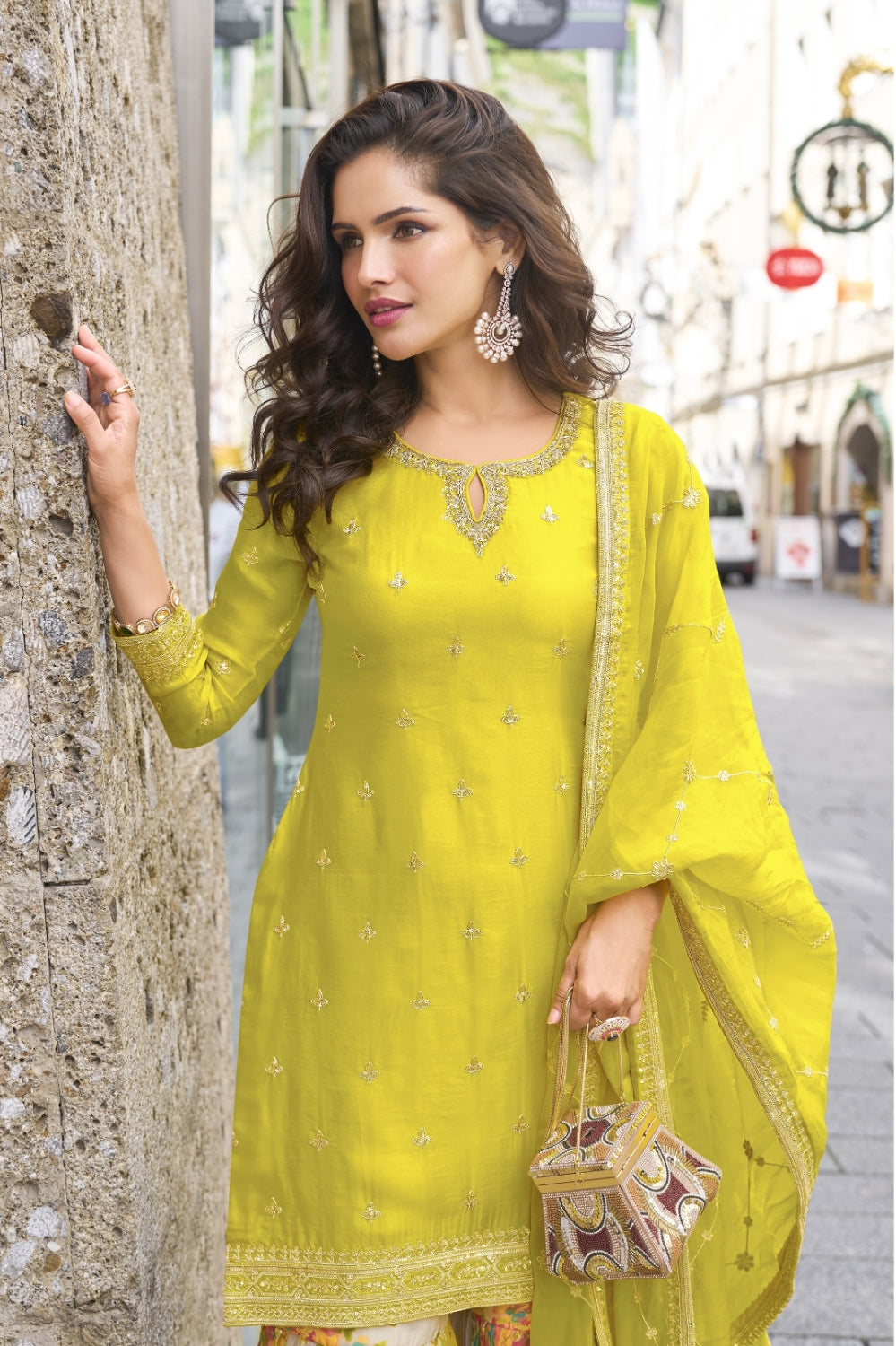 Anaita Yellow Heavy Chinon Silk Palazzo Suit With Sequence Work