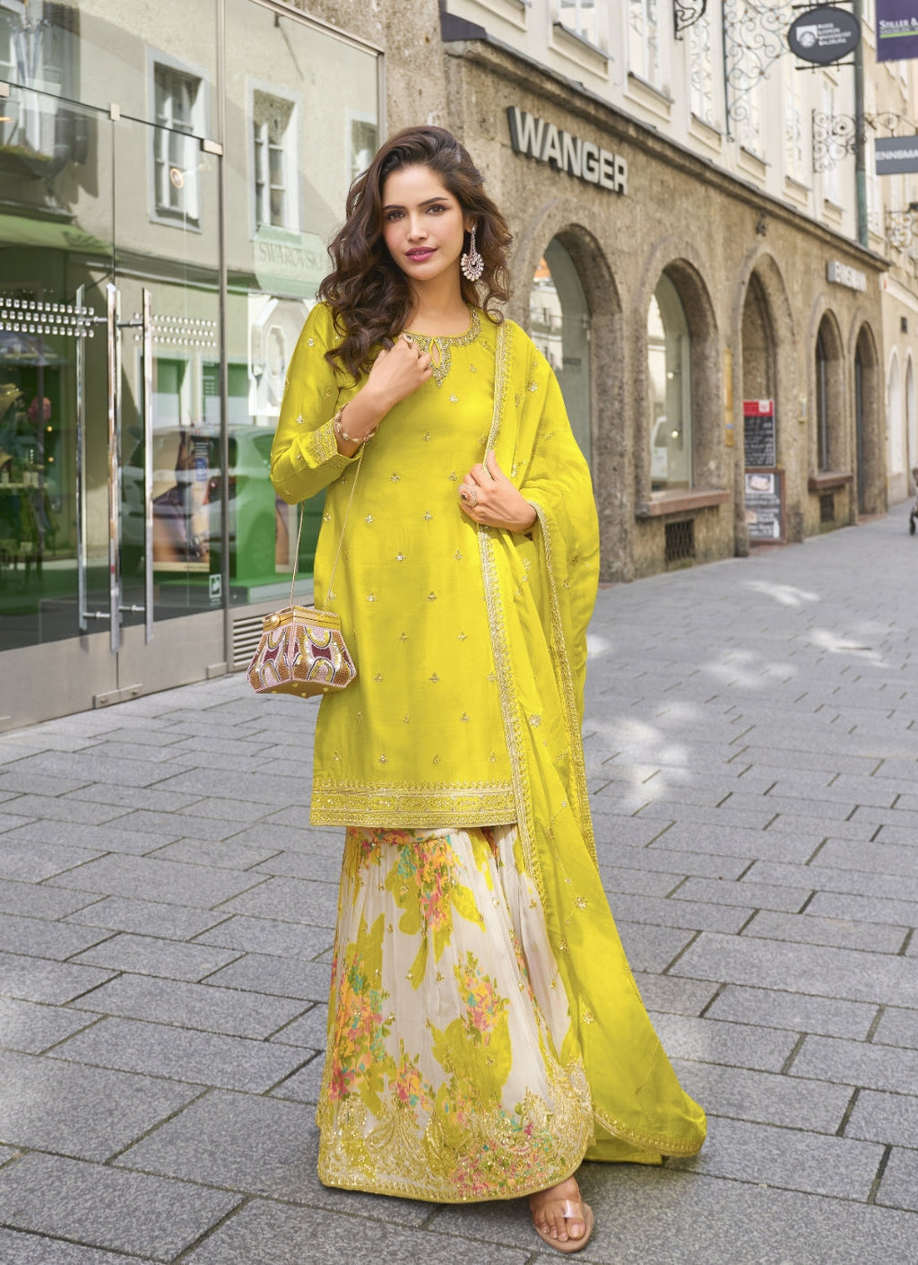 Anaita Yellow Heavy Chinon Silk Palazzo Suit With Sequence Work
