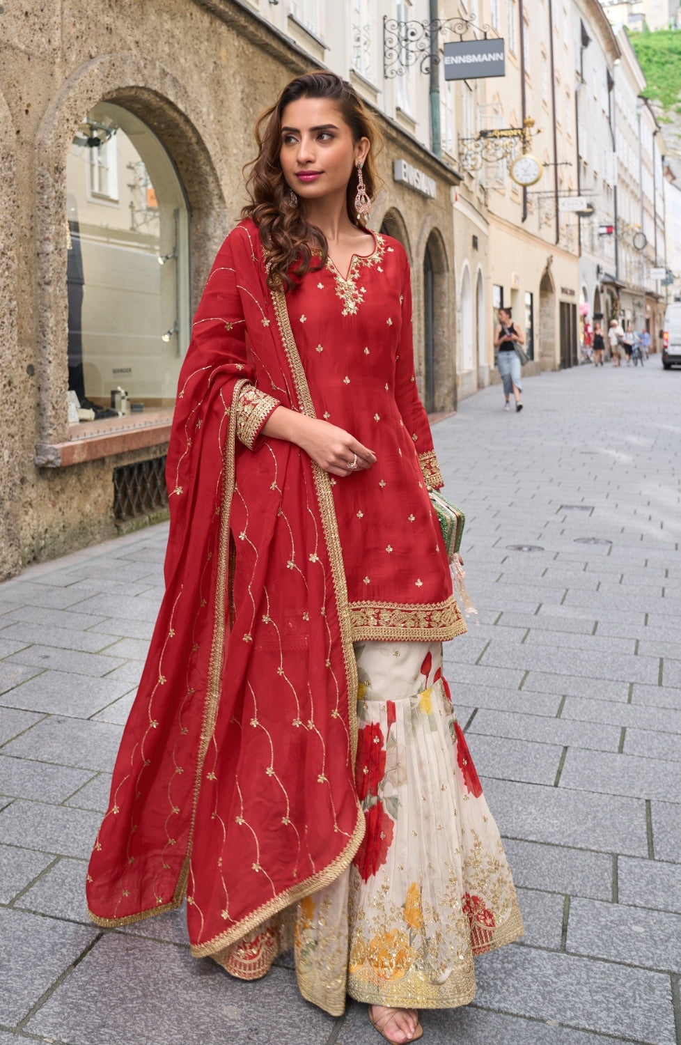 Anaita Red Heavy Chinon Silk Palazzo Suit With Sequence Work