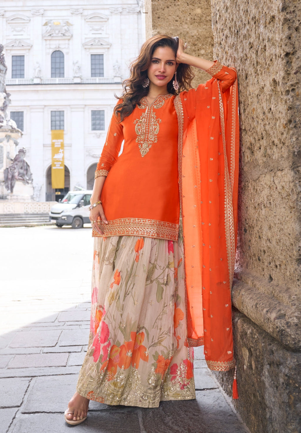 Anaita Orange Heavy Chinon Silk Palazzo Suit With Sequence Work - Distacart