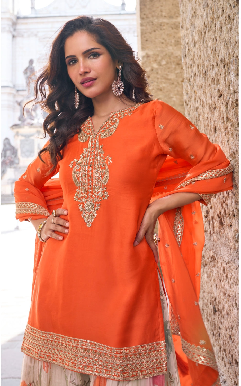 Anaita Orange Heavy Chinon Silk Palazzo Suit With Sequence Work - Distacart