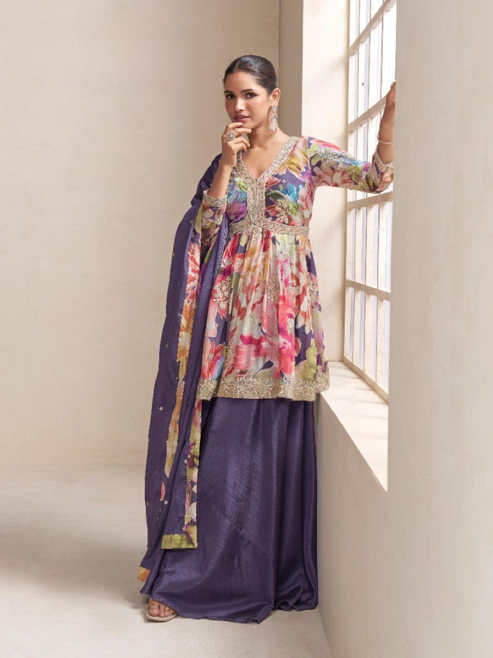 Anaita Purple Chinon Stitched Plazzo Suit With Embroidery Work - Distacart