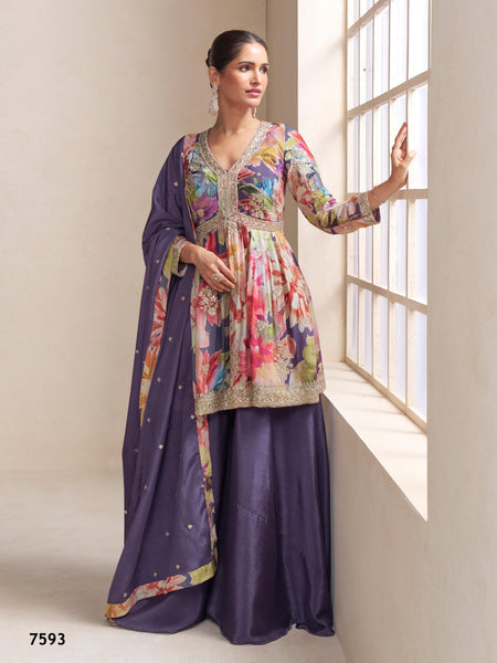 Anaita Purple Chinon Stitched Plazzo Suit With Embroidery Work