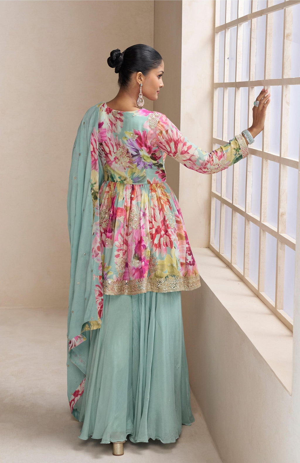 Anaita Sky Blue Chinon Stitched Plazzo Suit With Embroidery Work