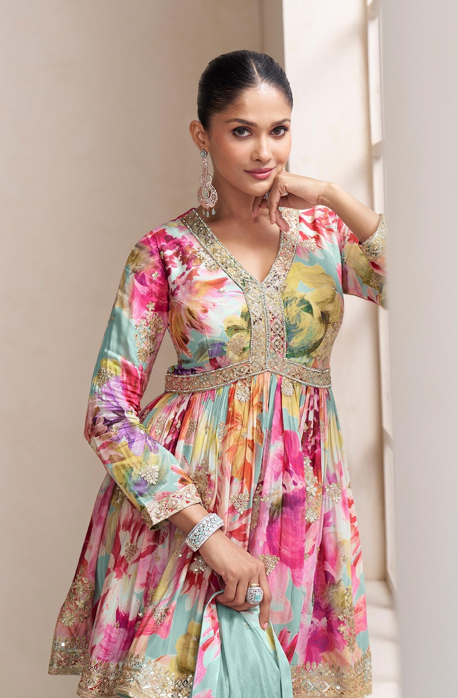 Anaita Sky Blue Chinon Stitched Plazzo Suit With Embroidery Work