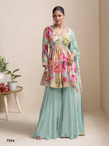 Anaita Sky Blue Chinon Stitched Plazzo Suit With Embroidery Work