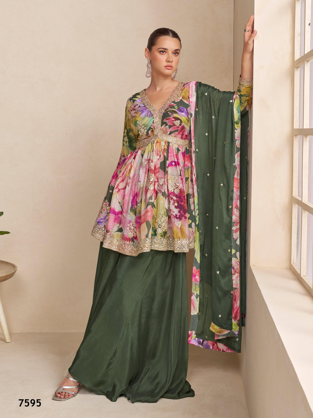 Anaita Dark Green Chinon Stitched Plazzo Suit With Embroidery Work - Distacart