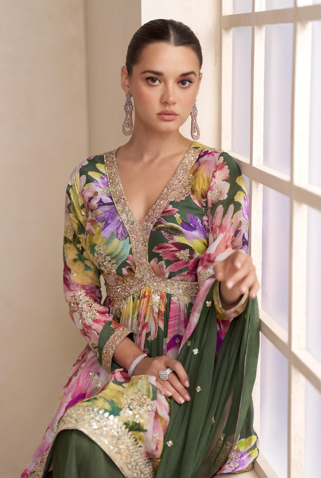 Anaita Dark Green Chinon Stitched Plazzo Suit With Embroidery Work - Distacart
