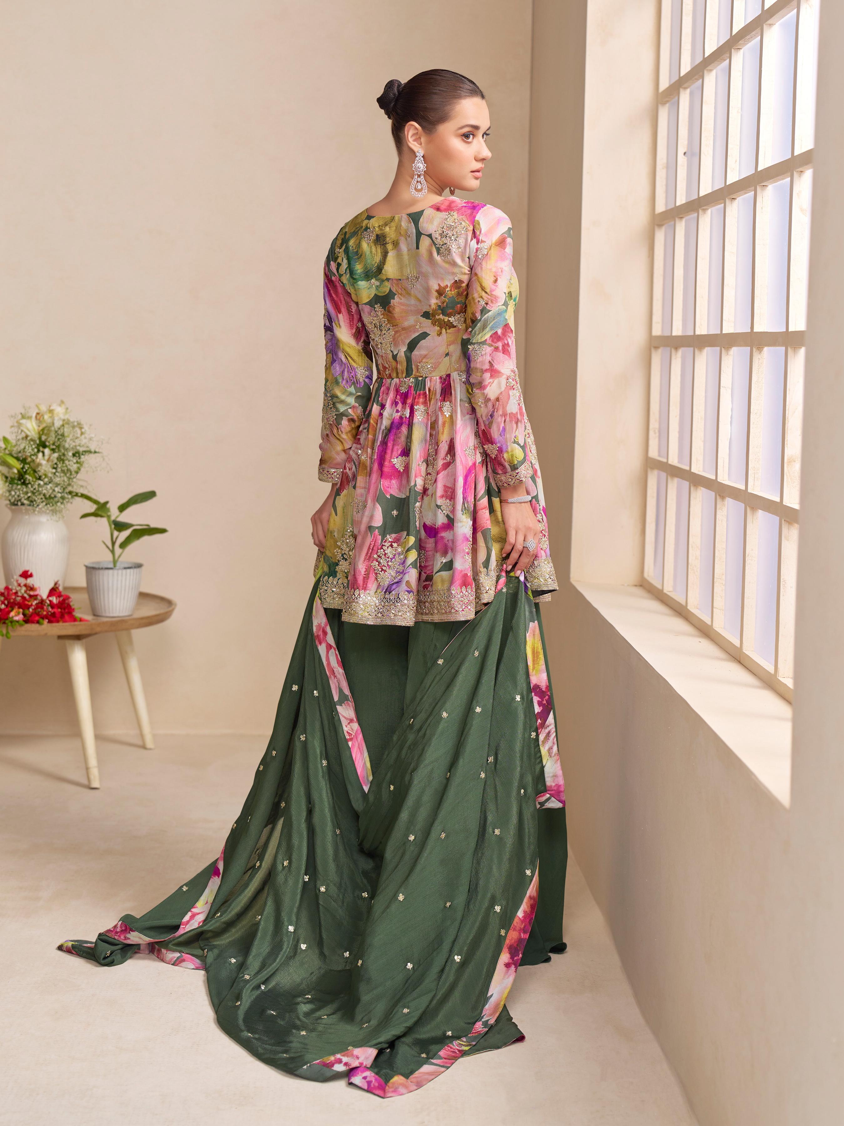 Anaita Dark Green Chinon Stitched Plazzo Suit With Embroidery Work - Distacart