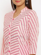 HERE&NOW Pink Mandarin Collar Striped A-Line Kurta