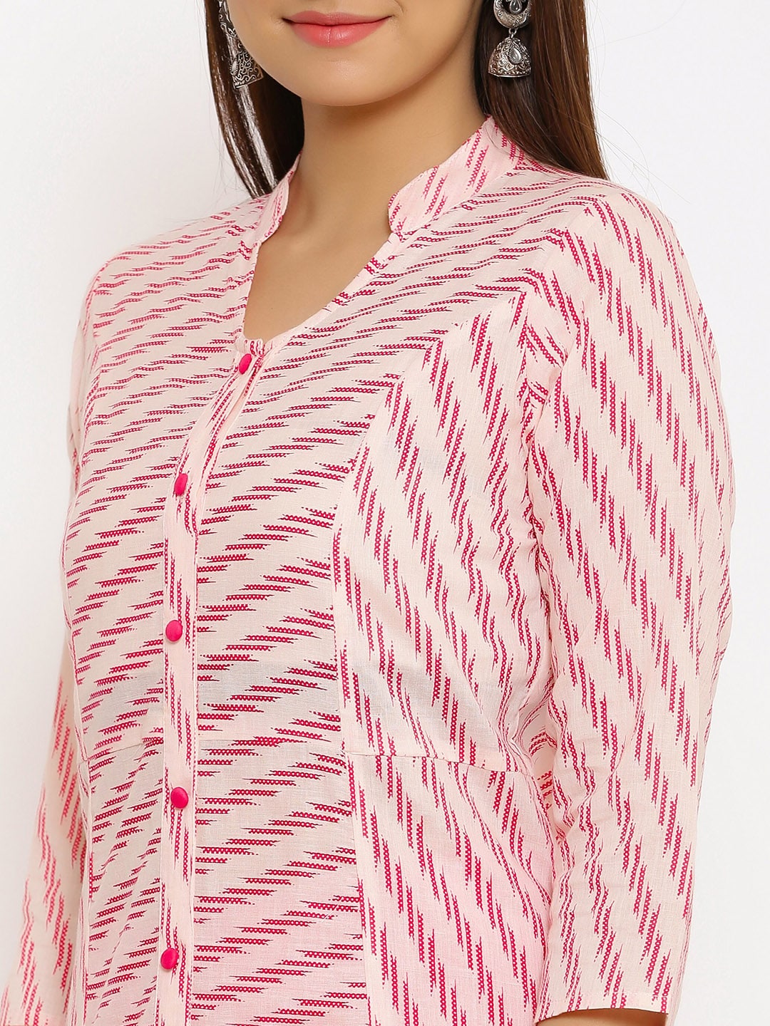 HERE&NOW Pink Mandarin Collar Striped A-Line Kurta
