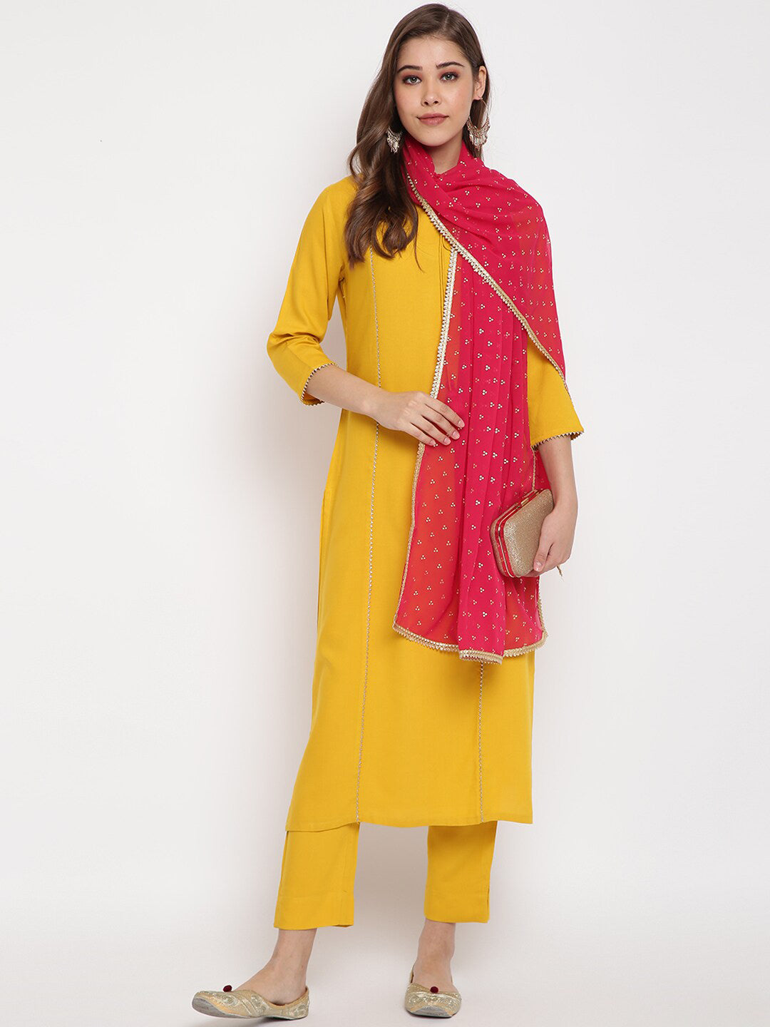 Janasya Mustard Yellow Solid Kurta with Trousers & Dupatta - Distacart