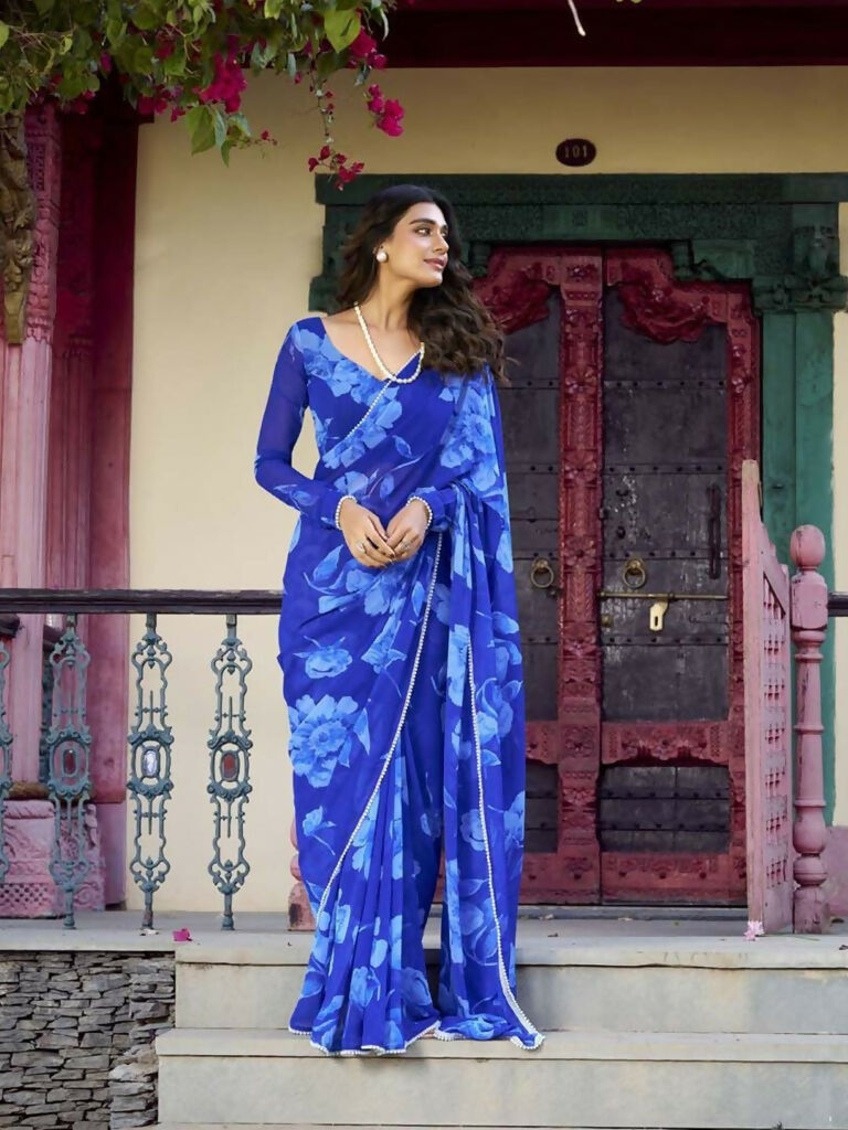 Vastranavya Blue Chiffon Floral Printed & Pearl Lace Border Saree with Unstitched Blouse