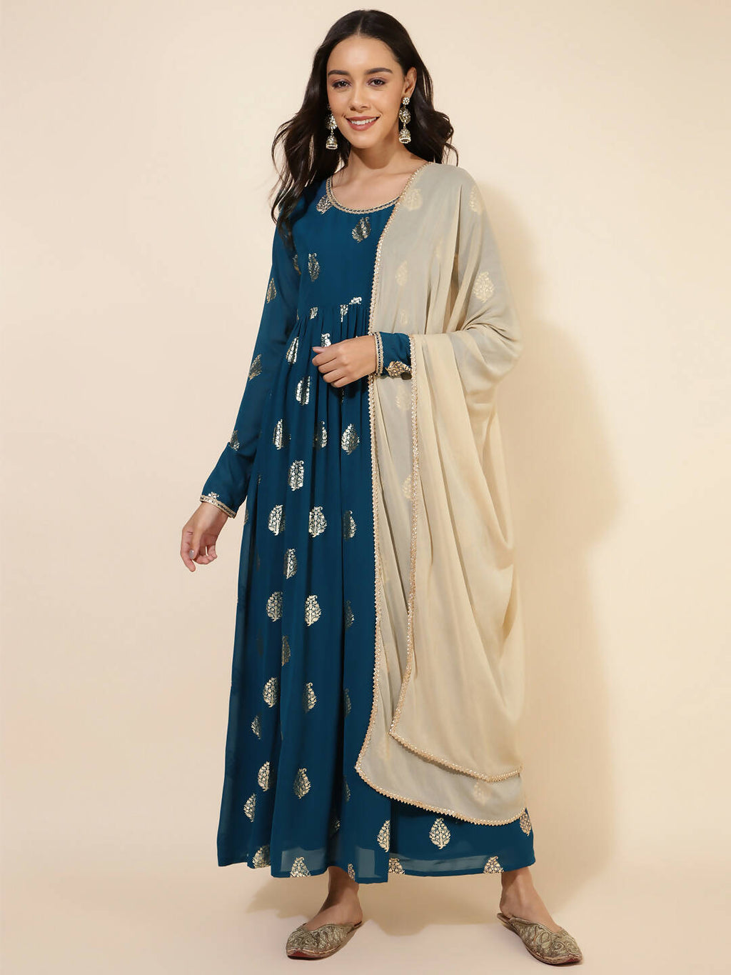 Janasya Women's Teal Blue Georgette Foil Printed Festive Flared Kurta Set